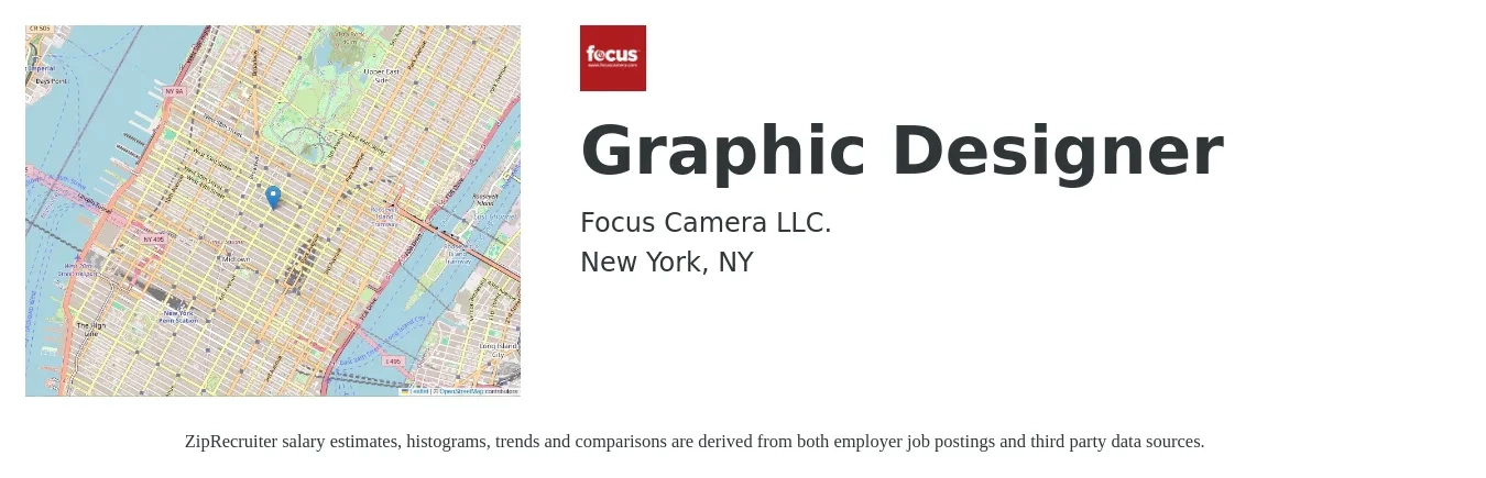 Focus Camera LLC. job posting for a Graphic Designer in New York, NY with a salary of $22 to $34 Hourly with a map of New York location.
