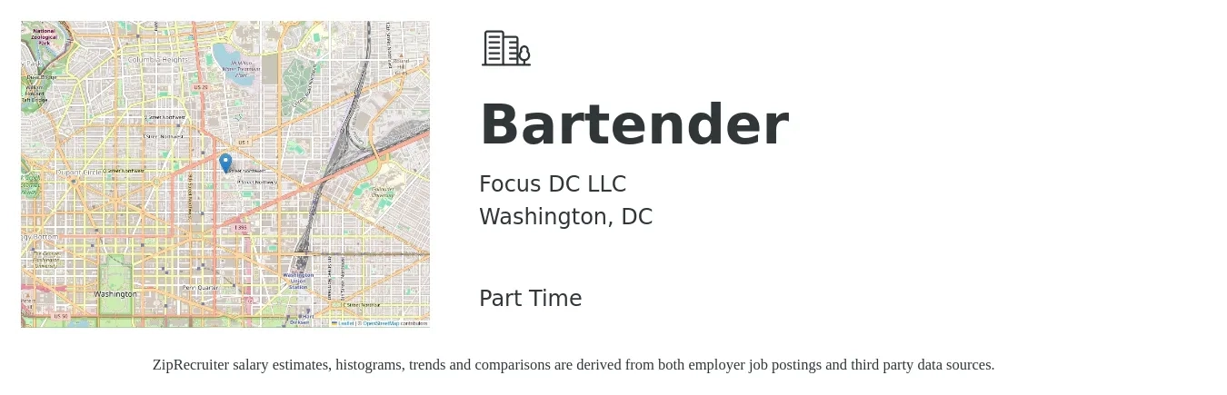 Focus DC LLC job posting for a Bartender in Washington, DC with a salary of $11 to $21 Hourly with a map of Washington location.