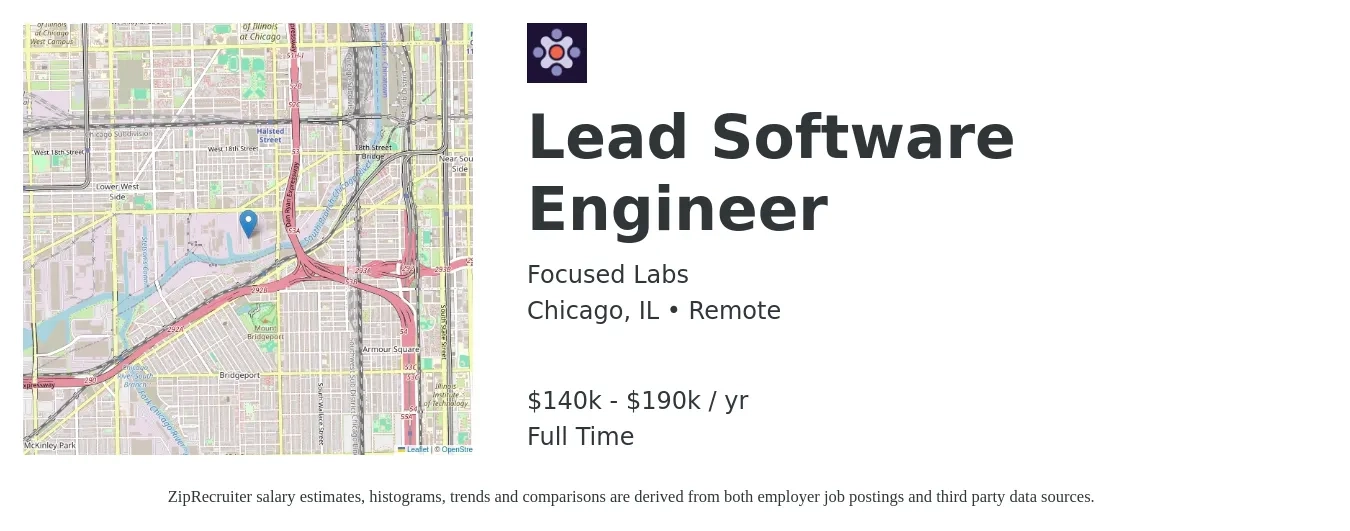 Focused Labs job posting for a Lead Software Engineer in Chicago, IL with a salary of $140,000 to $190,000 Yearly with a map of Chicago location.