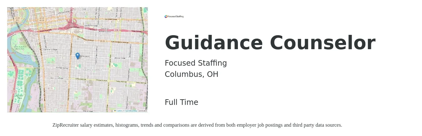 Focused Staffing job posting for a Guidance Counselor in Columbus, OH with a salary of $48,500 to $65,700 Yearly with a map of Columbus location.