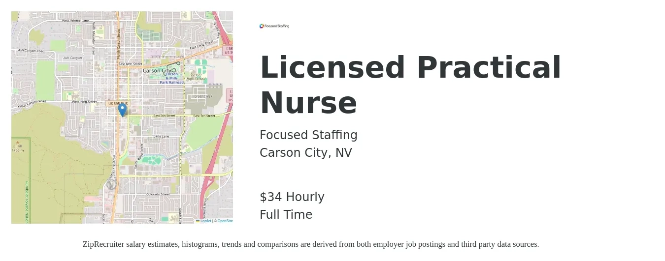 Focused Staffing job posting for a Licensed Practical Nurse in Carson City, NV with a salary of $36 Hourly with a map of Carson City location.