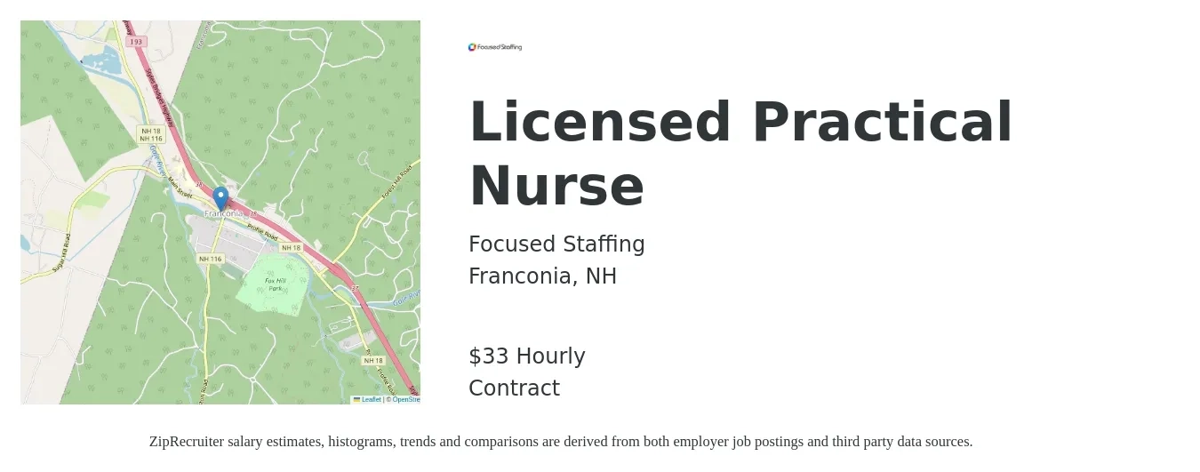 Focused Staffing job posting for a Licensed Practical Nurse in Franconia, NH with a salary of $35 Hourly with a map of Franconia location.