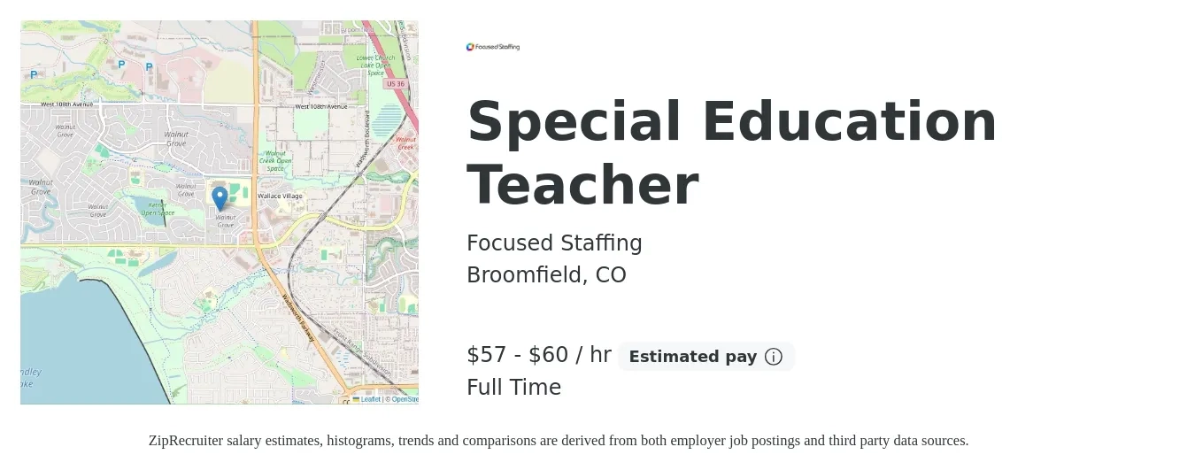 Focused Staffing job posting for a Special Education Teacher in Broomfield, CO with a salary of $60 to $63 Hourly with a map of Broomfield location.