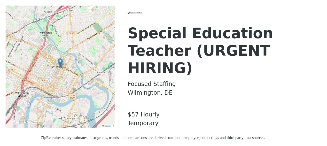 Focused Staffing job posting for a Special Education Teacher (URGENT HIRING) in Wilmington, DE with a salary of $60 Hourly with a map of Wilmington location.