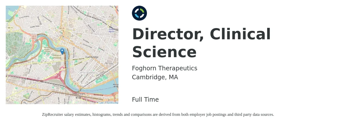 Foghorn Therapeutics job posting for a Director, Clinical Science in Cambridge, MA with a salary of $87,400 to $119,100 Yearly with a map of Cambridge location.