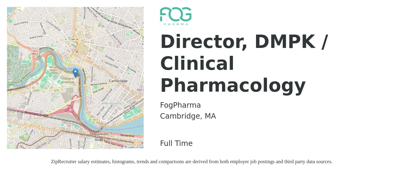 FogPharma job posting for a Director, DMPK / Clinical Pharmacology in Cambridge, MA with a salary of $37 to $82 Hourly with a map of Cambridge location.