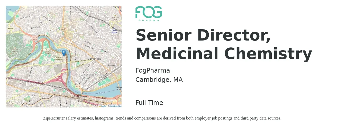 FogPharma job posting for a Senior Director, Medicinal Chemistry in Cambridge, MA with a salary of $82,000 to $170,500 Yearly with a map of Cambridge location.
