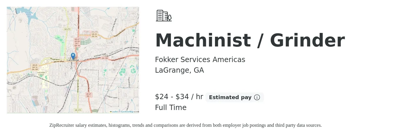 Fokker Services Americas job posting for a Machinist / Grinder in LaGrange, GA with a salary of $18 to $24 Hourly with a map of LaGrange location.