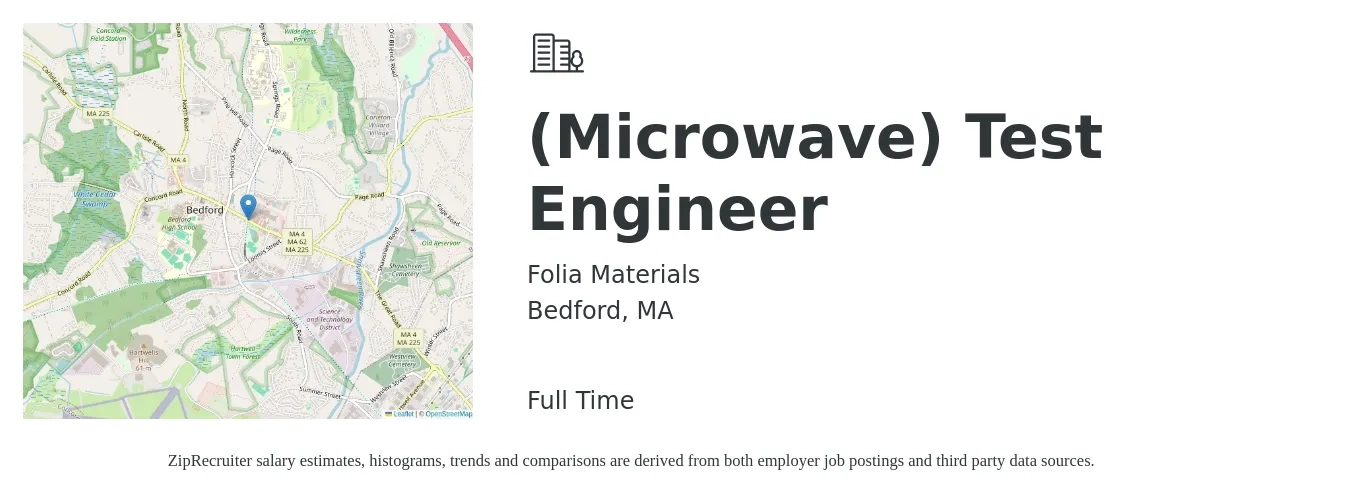 Folia Materials job posting for a (Microwave) Test Engineer in Bedford, MA with a salary of $36 to $57 Hourly with a map of Bedford location.