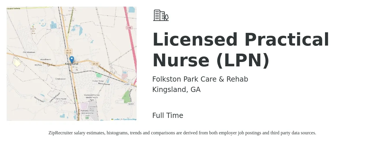 Folkston Park Care & Rehab job posting for a Licensed Practical Nurse (LPN) in Kingsland, GA with a salary of $22 to $30 Hourly with a map of Kingsland location.