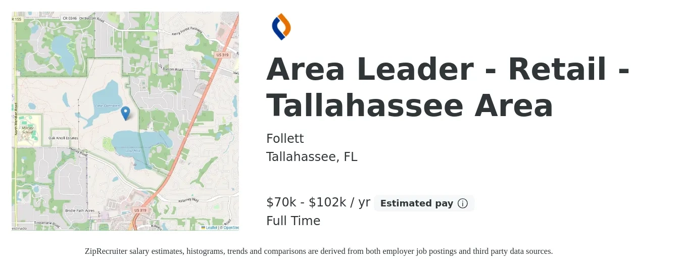 Follett job posting for a Area Leader - Retail - Tallahassee Area in Tallahassee, FL with a salary of $70,800 to $102,900 Yearly with a map of Tallahassee location.