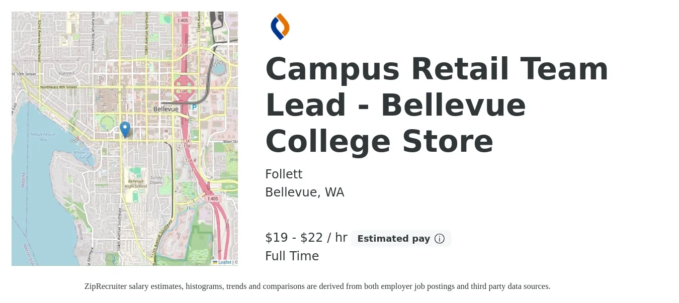 Follett job posting for a Campus Retail Team Lead - Bellevue College Store in Bellevue, WA with a salary of $20 to $23 Hourly with a map of Bellevue location.