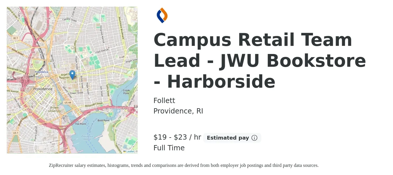 Follett job posting for a Campus Retail Team Lead - JWU Bookstore - Harborside in Providence, RI with a salary of $20 to $24 Hourly with a map of Providence location.