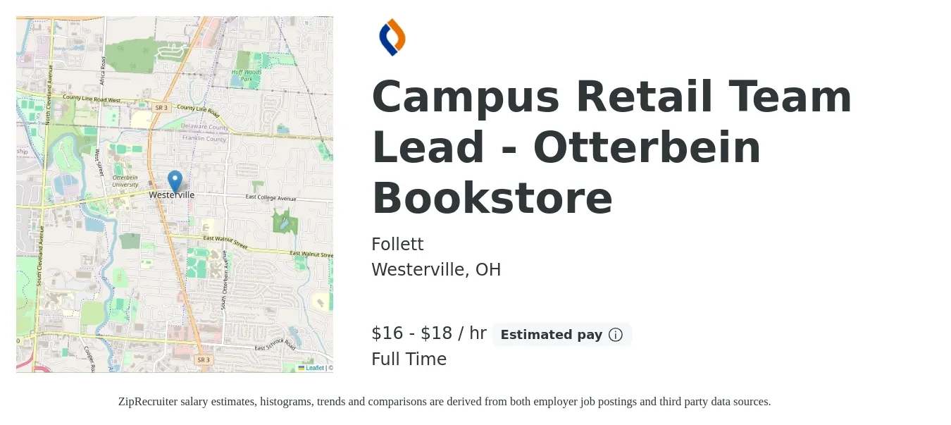 Follett job posting for a Campus Retail Team Lead - Otterbein Bookstore in Westerville, OH with a salary of $17 to $19 Hourly with a map of Westerville location.