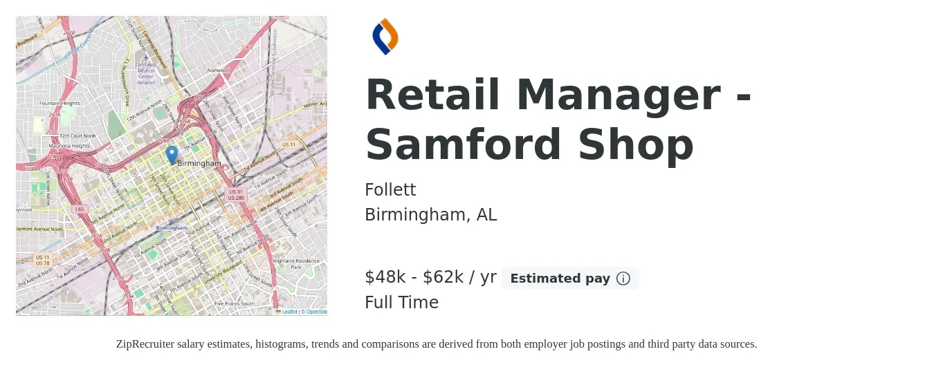 Follett job posting for a Retail Manager - Samford Shop in Birmingham, AL with a salary of $48,400 to $62,900 Yearly with a map of Birmingham location.