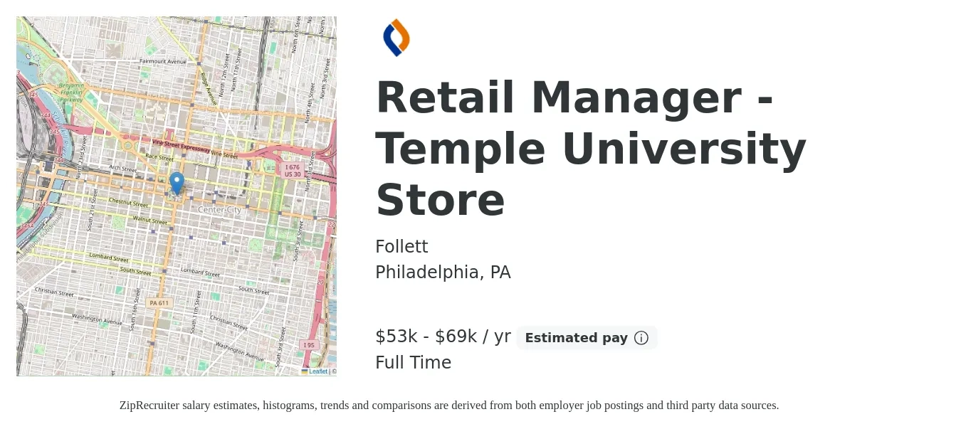 Follett job posting for a Retail Manager - Temple University Store in Philadelphia, PA with a salary of $53,200 to $69,200 Yearly with a map of Philadelphia location.