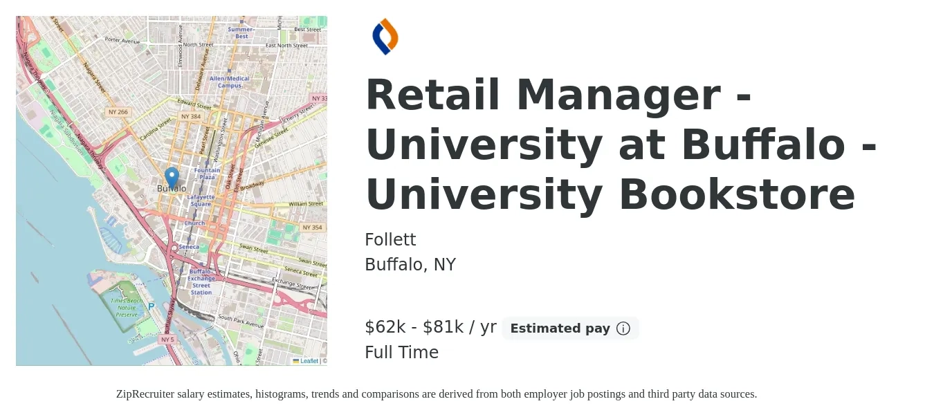 Follett job posting for a Retail Manager - University at Buffalo - University Bookstore in Buffalo, NY with a salary of $62,900 to $81,800 Yearly with a map of Buffalo location.