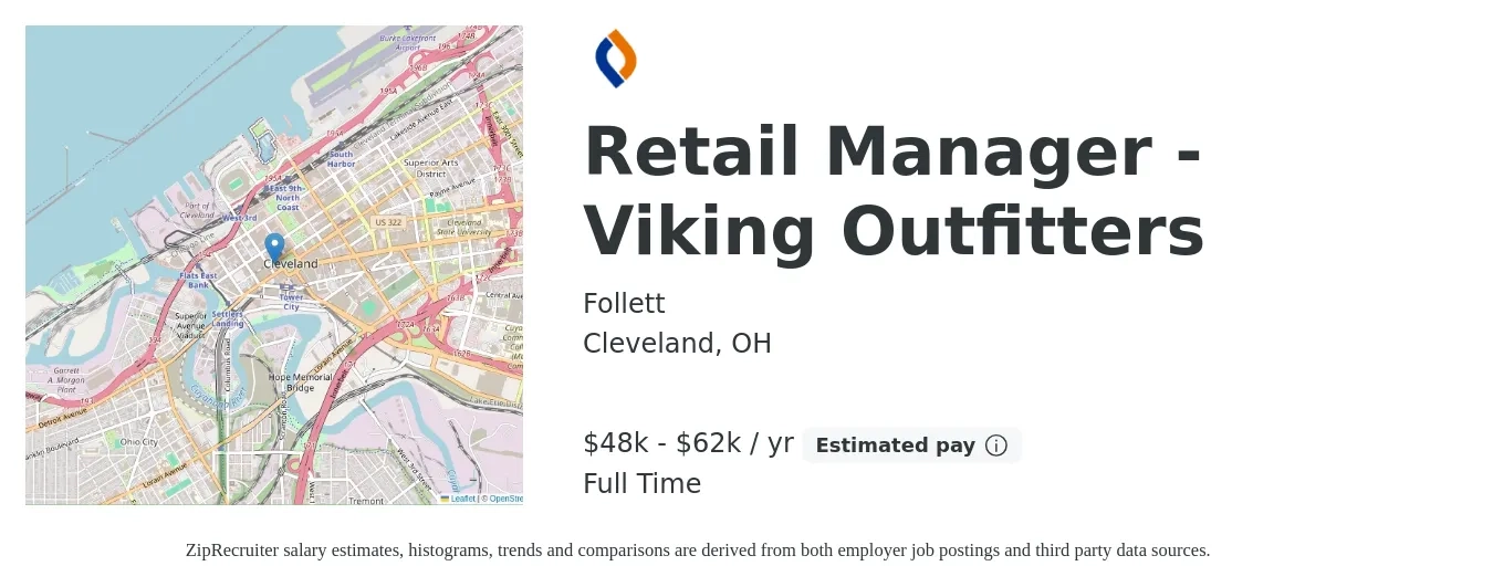 Follett job posting for a Retail Manager - Viking Outfitters in Cleveland, OH with a salary of $48,400 to $62,900 Yearly with a map of Cleveland location.