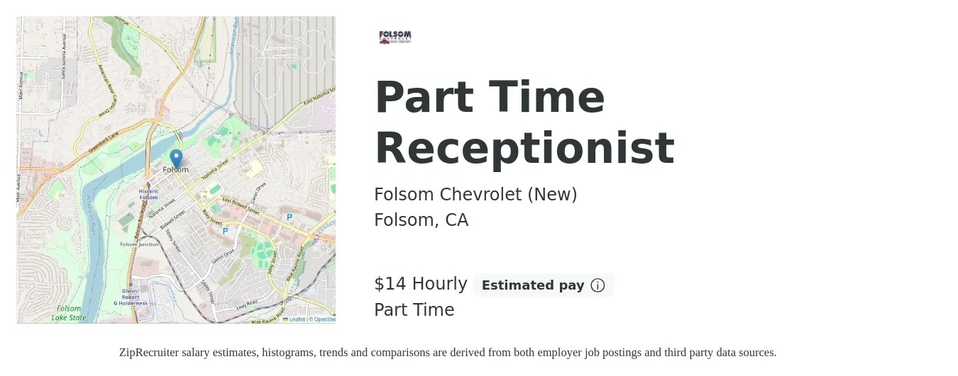 Folsom Chevrolet (New) job posting for a Part Time Receptionist in Folsom, CA with a salary of $16 Hourly with a map of Folsom location.