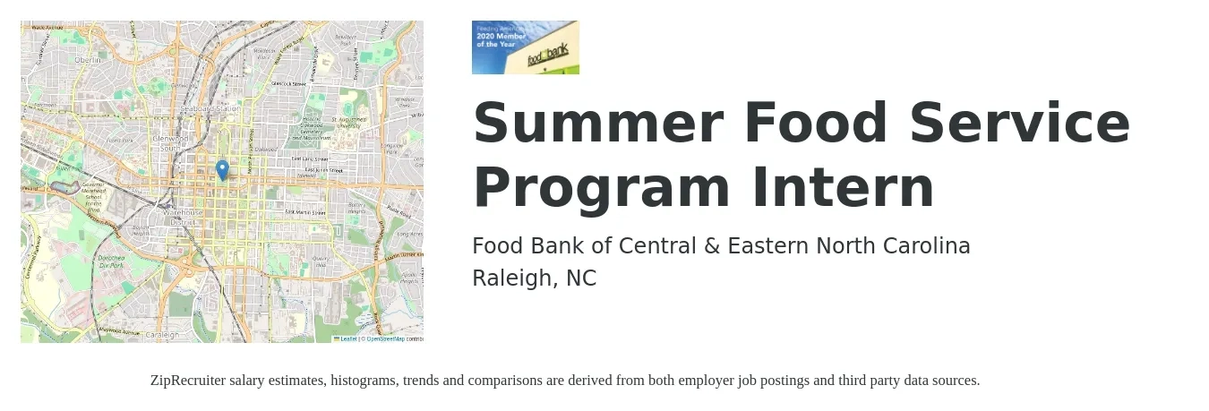 Food Bank of Central & Eastern North Carolina job posting for a Summer Food Service Program Intern in Raleigh, NC with a salary of $14 to $18 Hourly with a map of Raleigh location.