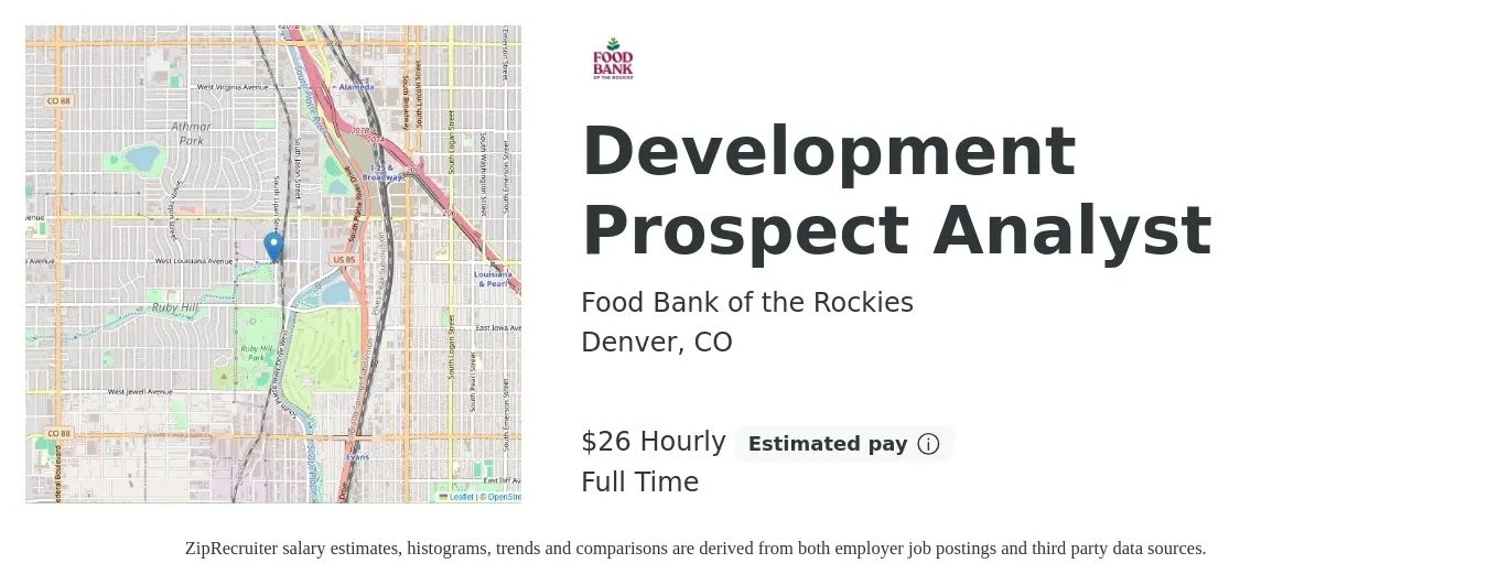 Food Bank of the Rockies job posting for a Development Prospect Analyst in Denver, CO with a salary of $28 Hourly with a map of Denver location.