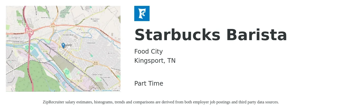 Food City job posting for a Starbucks Barista in Kingsport, TN with a salary of $13 to $16 Hourly with a map of Kingsport location.