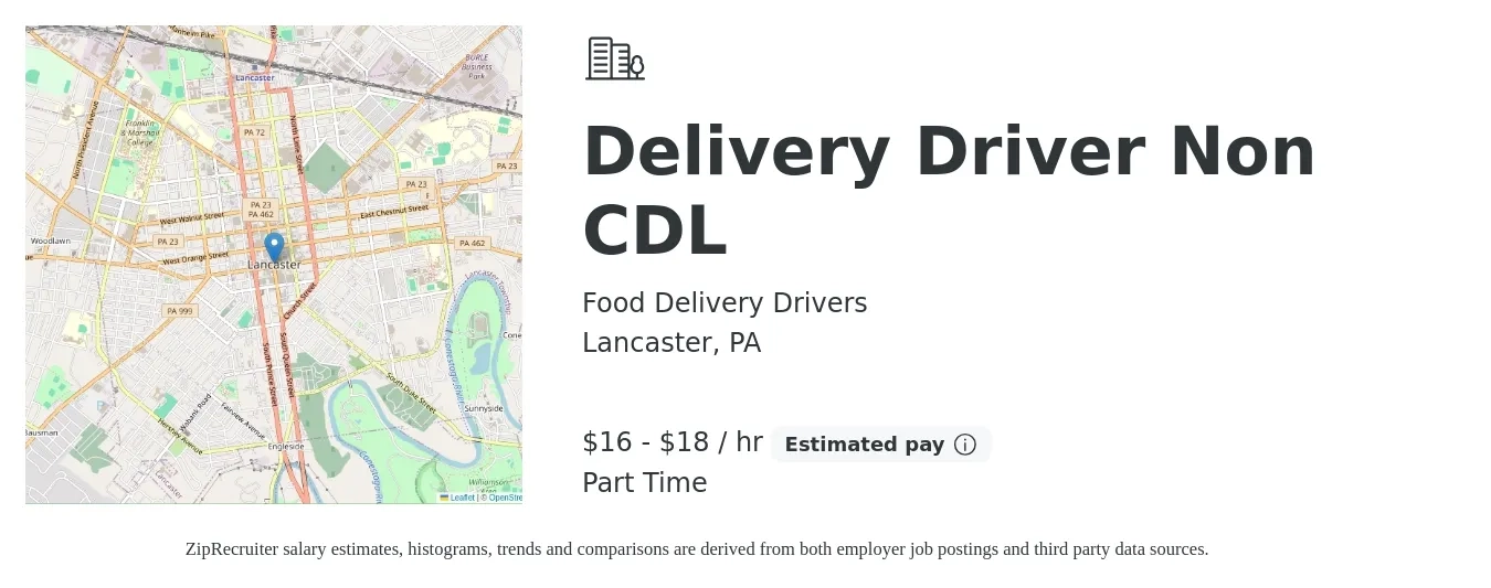 Food Delivery Drivers job posting for a Delivery Driver Non CDL in Lancaster, PA with a salary of $17 to $19 Hourly with a map of Lancaster location.