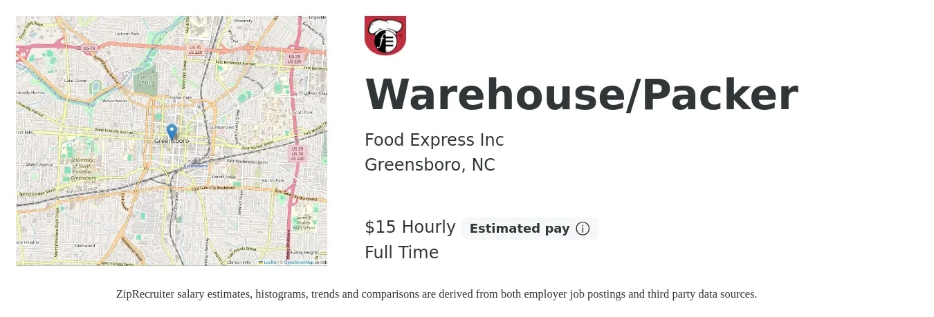 Food Express Inc job posting for a Warehouse/Packer in Greensboro, NC with a salary of $16 Hourly with a map of Greensboro location.