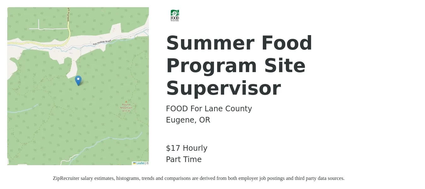 FOOD For Lane County job posting for a Summer Food Program Site Supervisor in Eugene, OR with a salary of $18 Hourly with a map of Eugene location.