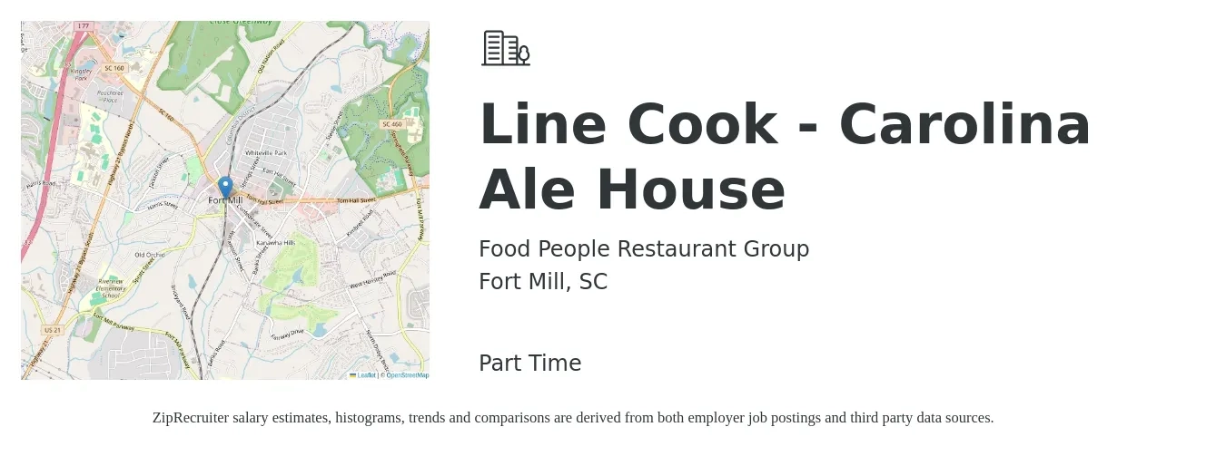 Food People Restaurant Group job posting for a Line Cook - Carolina Ale House in Fort Mill, SC with a salary of $14 to $17 Hourly with a map of Fort Mill location.