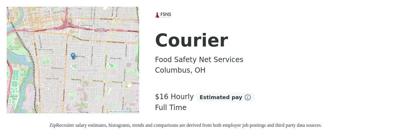 Food Safety Net Services job posting for a Courier in Columbus, OH with a salary of $17 Hourly with a map of Columbus location.