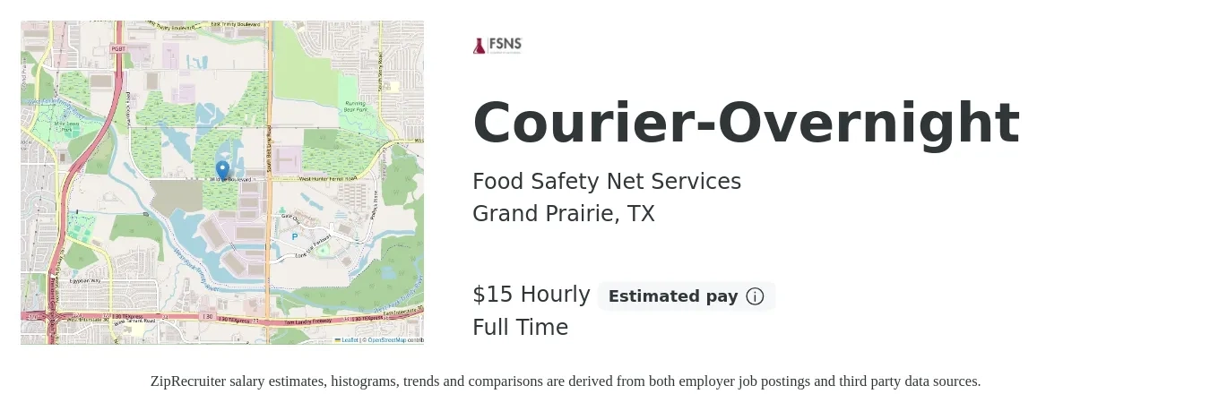 Food Safety Net Services job posting for a Courier-Overnight in Grand Prairie, TX with a salary of $16 Hourly with a map of Grand Prairie location.