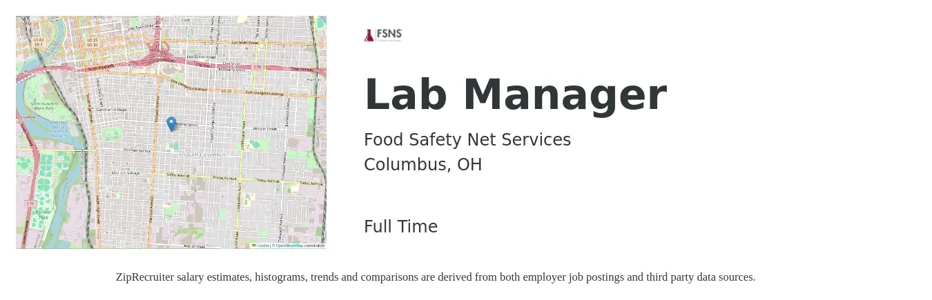 Food Safety Net Services job posting for a Lab Manager in Columbus, OH with a salary of $67,600 to $107,200 Yearly with a map of Columbus location.
