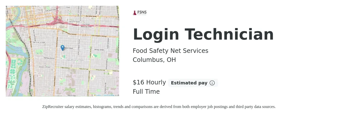 Food Safety Net Services job posting for a Login Technician in Columbus, OH with a salary of $17 Hourly with a map of Columbus location.