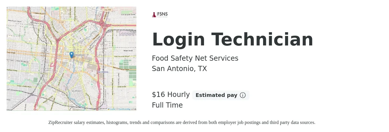 Food Safety Net Services job posting for a Login Technician in San Antonio, TX with a salary of $17 Hourly with a map of San Antonio location.