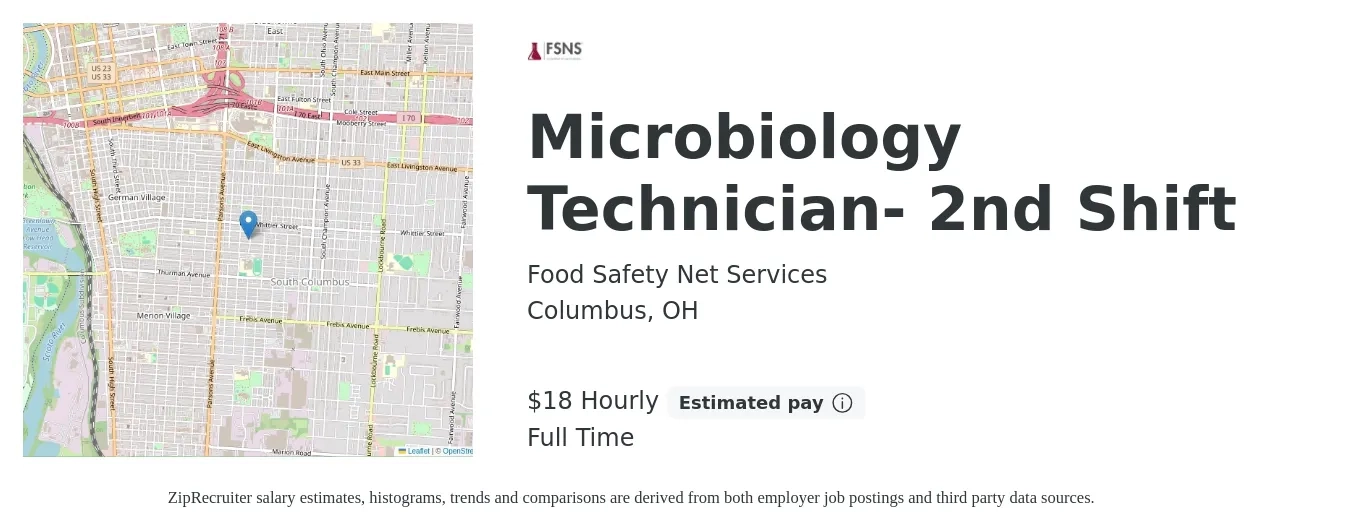 Food Safety Net Services job posting for a Microbiology Technician- 2nd Shift in Columbus, OH with a salary of $17 to $19 Hourly with a map of Columbus location.