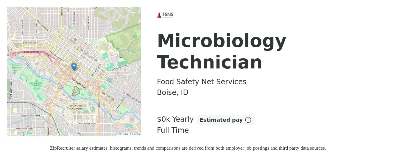 Food Safety Net Services job posting for a Microbiology Technician in Boise, ID with a salary of $18 to $18 Yearly with a map of Boise location.