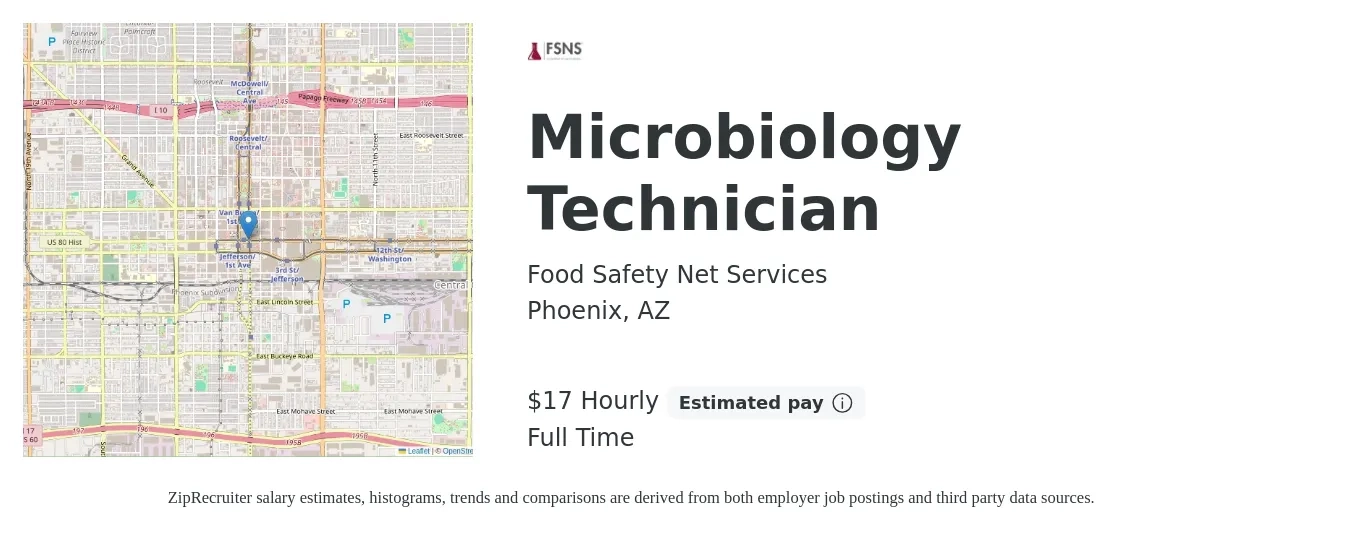 Food Safety Net Services job posting for a Microbiology Technician in Phoenix, AZ with a salary of $18 Hourly with a map of Phoenix location.
