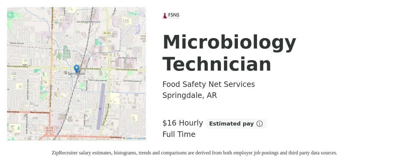 Food Safety Net Services job posting for a Microbiology Technician in Springdale, AR with a salary of $17 to $18 Hourly with a map of Springdale location.