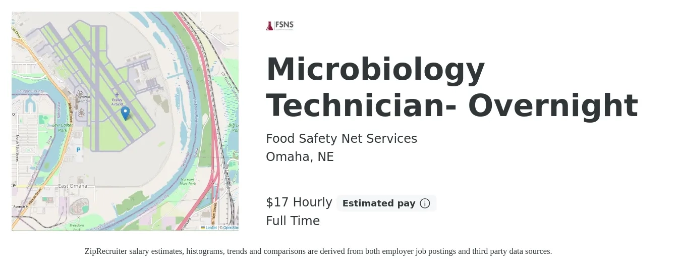 Food Safety Net Services job posting for a Microbiology Technician- Overnight in Omaha, NE with a salary of $18 Hourly with a map of Omaha location.