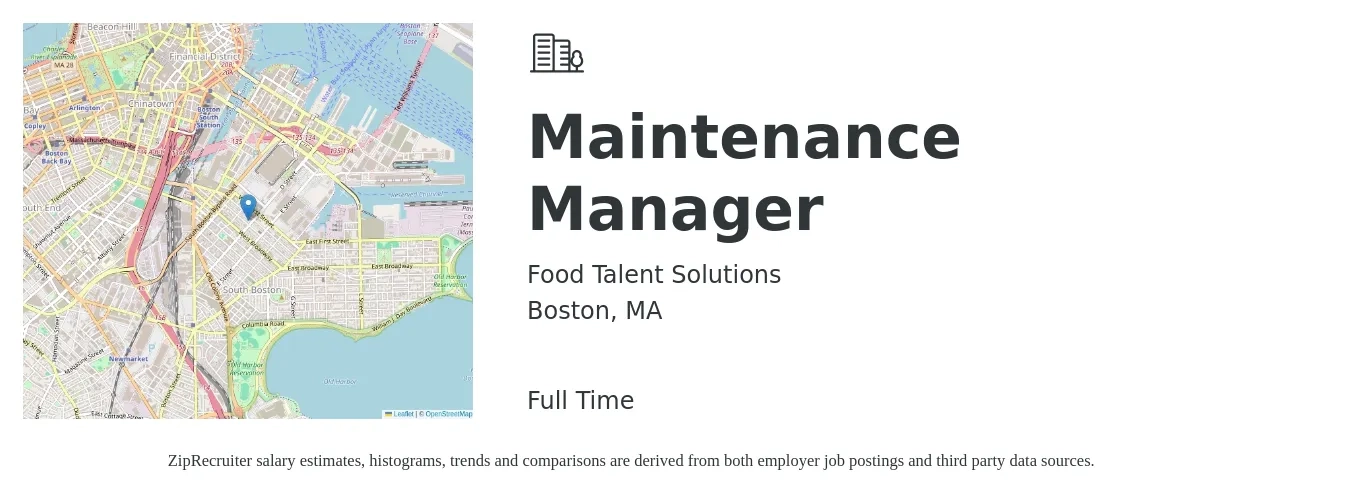 Food Talent Solutions job posting for a Maintenance Manager in Boston, MA with a salary of $26 to $43 Hourly with a map of Boston location.
