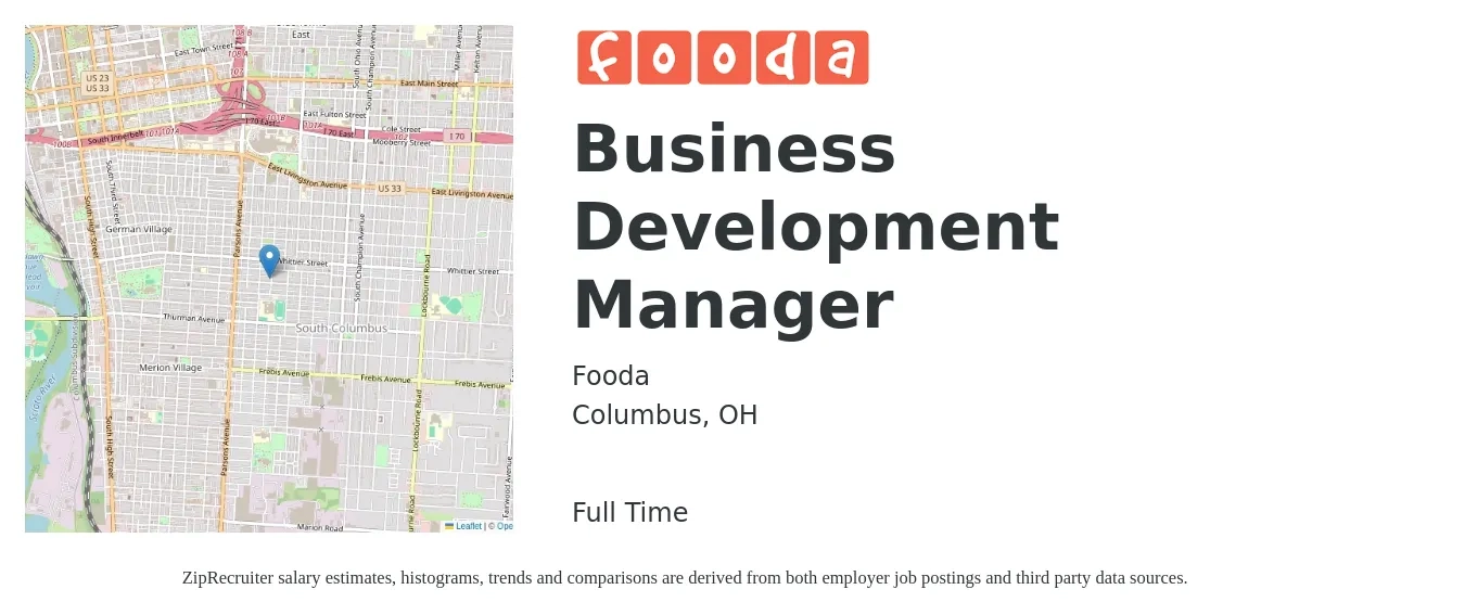 Fooda job posting for a Business Development Manager in Columbus, OH with a salary of $58,900 to $96,600 Yearly with a map of Columbus location.