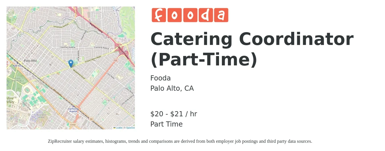 Fooda job posting for a Catering Coordinator (Part-Time) in Palo Alto, CA with a salary of $21 to $22 Hourly with a map of Palo Alto location.
