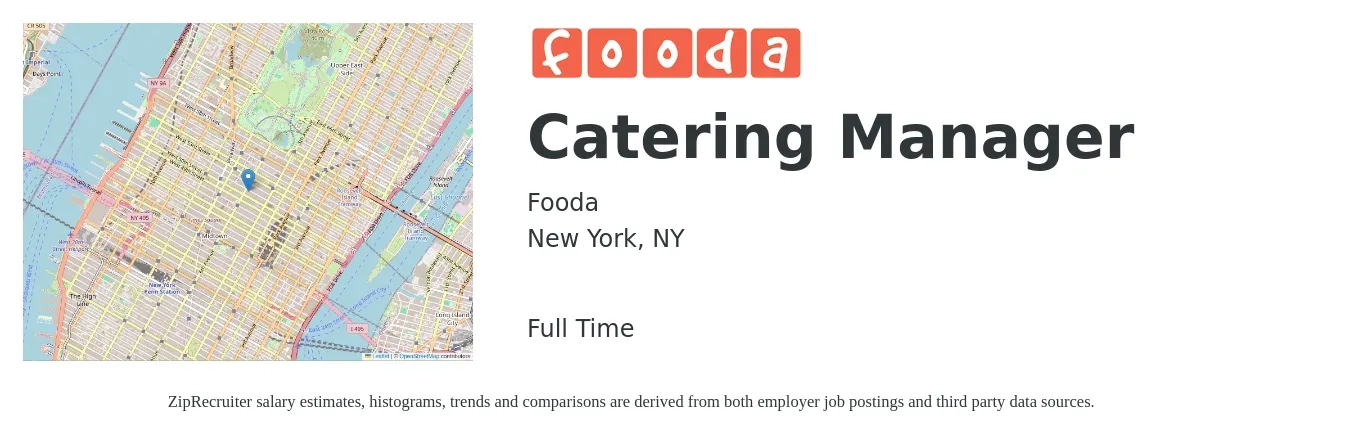 Fooda job posting for a Catering Manager in New York, NY with a salary of $18 to $31 Hourly with a map of New York location.