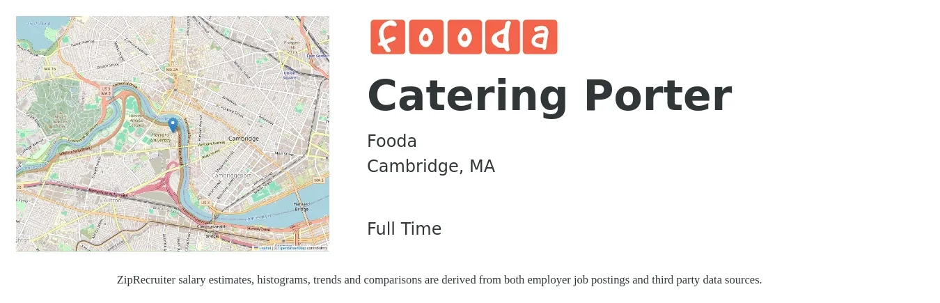 Fooda job posting for a Catering Porter in Cambridge, MA with a salary of $16 to $20 Hourly with a map of Cambridge location.