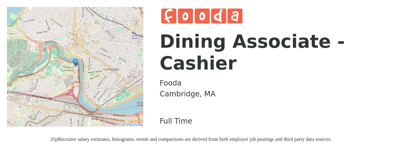 Fooda job posting for a Dining Associate - Cashier in Cambridge, MA with a salary of $14 to $18 Hourly with a map of Cambridge location.