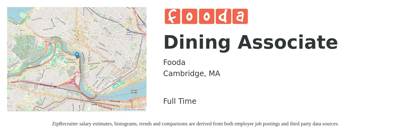Fooda job posting for a Dining Associate in Cambridge, MA with a salary of $45,700 to $231,000 Yearly with a map of Cambridge location.