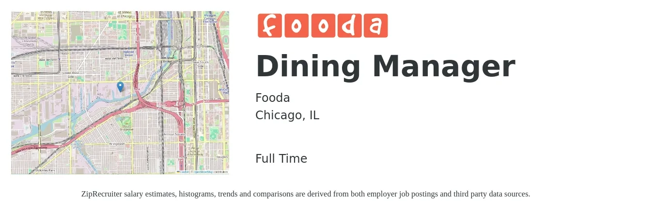 Fooda job posting for a Dining Manager in Chicago, IL with a map of Chicago location.