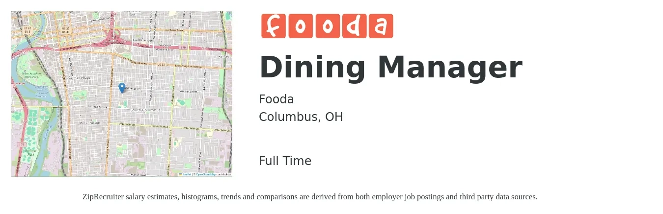 Fooda job posting for a Dining Manager in Columbus, OH with a map of Columbus location.