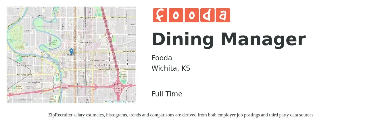 Fooda job posting for a Dining Manager in Wichita, KS with a salary of $70,000 to $80,000 Yearly with a map of Wichita location.